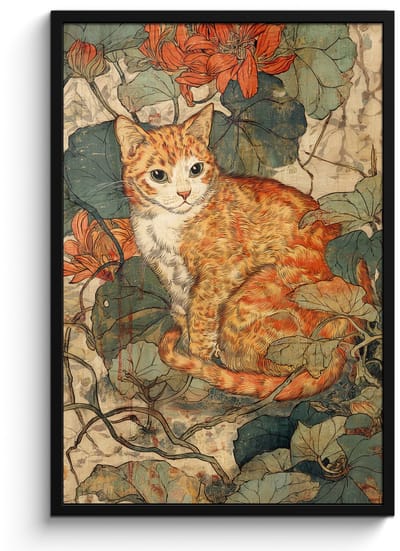 Poster in lijst - Fotolijst 60x90 cm - Posters - Kat - Sierlijk - Bloemen - Posterlijst zwart - Decoratie - Wanddecoratie woonkamer - Muurdecoratie slaapkamer