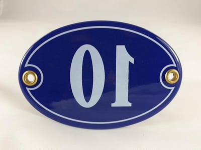 Emaille Huisnummer - Nummerbord 10 - Huis Identificatie - Handgemaakt Origineel - 105x7cm - Blauw Wit