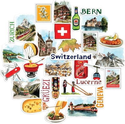 Reisstickers Zwitserland 31 stuks - Waterverf, Waterproof - Voor journals en scrapbooks - SnelShoppen