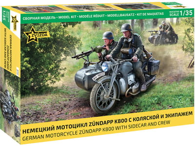 Zvezda Modelbouwpakket Diorama - 3717 WOII Duitse Zündapp K800 – Motor met Zijspan en Bemanning - Diorama met Figuren Plastic - 1:35 - Modelbouw