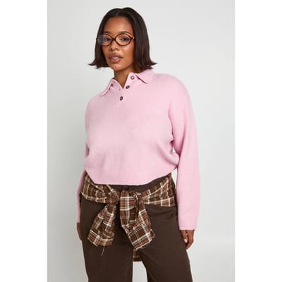 boohoo Dames PLUS TOP MET KRAAGDETAIL EN LANGE MOUWELS | Baby Pink | Maat: 18