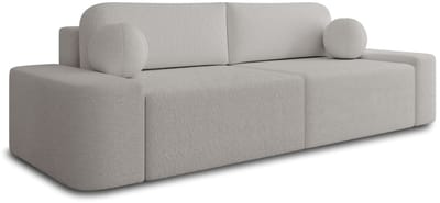 Comfortabele 3-zitsbank in bouclé met slaapfunctie, opbergruimte en bouclé stof – Sofa Lisbon – Grijs (Arena 15)