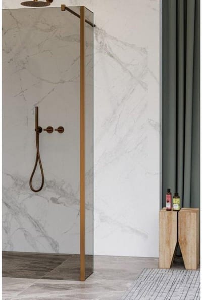 FugaFlow Eccelente Vetro zijwand - 30x200cm - rookglas - 8mm - met hoekprofiel - geborsteld koper -