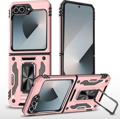 Hoesje Geschikt Voor Samsung Galaxy Z flip 7 FE - Flip 6 hoesje met Ringhouder - Anti-Shock Hybrid Armor case - Rose Goud