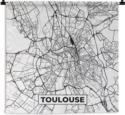 Wandkleed - Wanddoek - Kaart - Stadskaart - Toulouse - Frankrijk - Plattegrond - Zwart wit - 180x180 cm - Wandtapijt