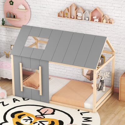 STILVORA Kinderbedden 90x200 cm - Praktisch Eenpersoonsbed Met Huisvorm Dak En Raam - Ideaal Voor Kinderkamer - Stevig Grenenhout - Grijs