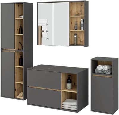 Badkamermeubelset VAMI 4-delige met twee Gaten voor Opzetwastafel / hangende Badkamerkasten / 21 Planken en 2 Lades / Grafietgrijs - Artisan Eik / AKORD Furniture Factory