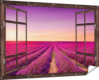 Gards Tuinposter Doorkijk Paarse Lavendel Bloemenveld - 180x120 cm - Tuindoek - Tuindecoratie - Wanddecoratie buiten - Tuinschilderij