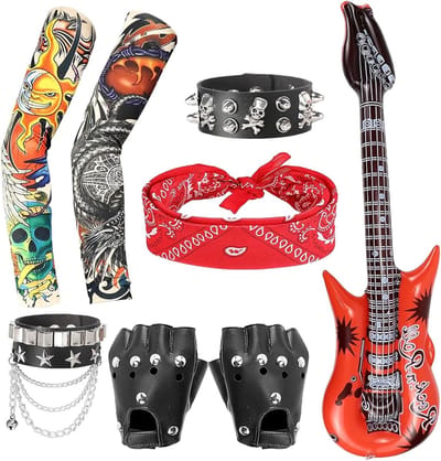 Punk Rockstar Verkleedset van 8 Stukken, Heavy Metal Kostuumaccessoires voor 80s Disco Feest, Inclusief Handschoenen, Bandana en Tattoo Mouwen