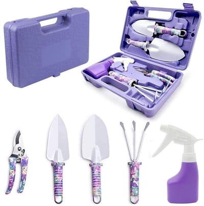 GELLDG Tuingereedschapset - Paars bloemenpatroon - Ergonomische handgreep Tuingereedschap - Schep, hark, troffel, snoeischaar, sproeier - Tuingeschenkset - Set van 5 stuks
