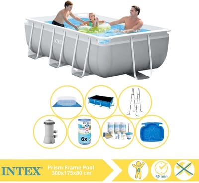 Intex Prism Frame Zwembad - Opzetzwembad - 300x175x80 cm - Inclusief Solarzeil, Onderhoudspakket, Filter, Grondzeil en Voetenbad