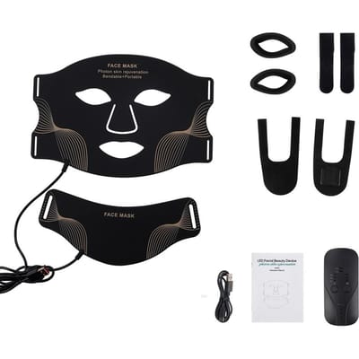 Siliconen LED Masker Gezicht en Hals 7 Kleuren LED Foton Rood Licht Infrarood Therapie Flexibel Gezichtsmasker Herstel Huid Draadloos Gebruik zwart