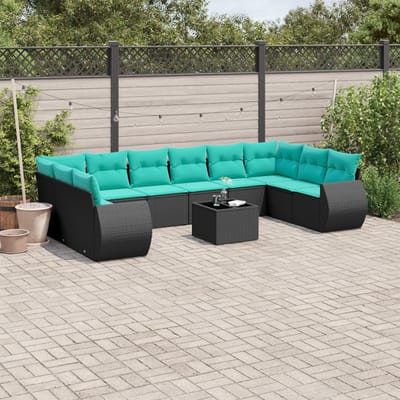 vidaXL - 11-delige - tuinbankset - met - kussens, - zwart - polyrotan