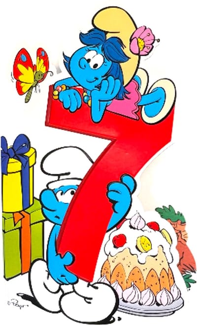 Smurfbloesem Smurfin en Smurf – De Smurfen Reliëf Verjaardagskaart – 7 Jaar – Cromo – 11,5 x 17 cm