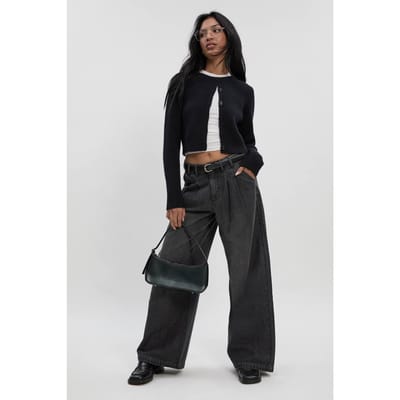boohoo Dames Hoge taille supersoft jeans met ceintuur en geplooide wijde pijpen | Grey | Maat: 14