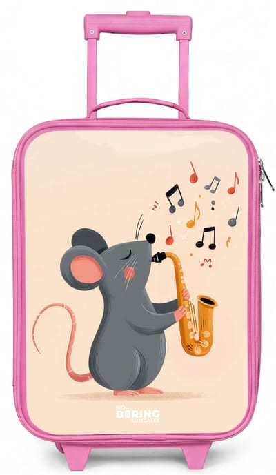 NoBoringSuitcases.com® - Kinderkoffer roze - Kindertrolley meisje - Muis - Saxofoon - Muziek - Koffer kind lichtgewicht - Reiskoffer trolley voor kinderen - Koffertje met lichtgevende wieltjes - Rolkoffer