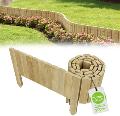 Froadp 20 cm Natuur Tuinhek Flexibele Grasmaaierrand - Bloembedrand 200 cm Lang Prikhek Houten Hek voor Bloembed, Grasmaaierrand & Tuinomheining