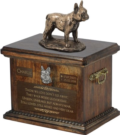 Persoonlijke urn voor Franse Bulldog met beeldje en as van je hond
