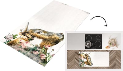 Keukenloper - Loper keuken - Schotse hooglander - Waterverf - Bloemen - 120x60 cm - Keukenloper vinyl