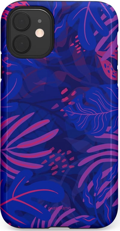 Casetastic hoesje geschikt voor Apple iPhone 11 - Dubbellaagse bescherming - Neon jungle blad - Fashion Case - Donkerblauw Lavendel Roze