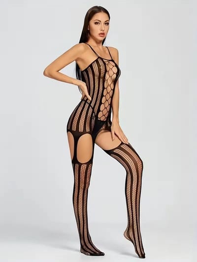 LekkerStout Zwarte Bodystocking - Jarretel Design en Open Details - Sexy Lingerie - One Size S–L | LS148
