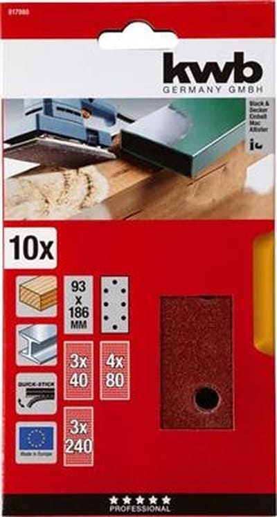 kwb 817980 Schuurpapier Korrelgrootte (num) 40, 80, 240 (l x b) 186 mm x 93 mm 10 stuk(s)
