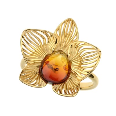 Cavill - Zilveren ring met 0,7 ct zonsopgang Baltische barnsteen - 925 Sterling zilver verguld - handgemaakt Polen - verstelbaar elegant bloemmotief