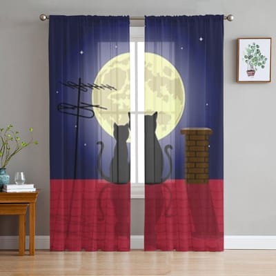 Cartoon Dier Kat Doorzichtige Raambekleding Voor Woonkamer Slaapkamer Moderne Voile Tule Gordijnen Stof Gordijnen Voor Keuken 135W x 114H(cm) blue