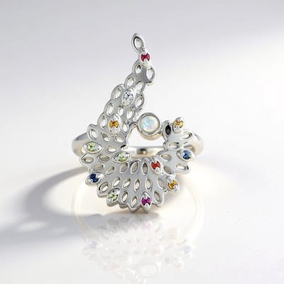 Cavill - Elegante damesring 925 Sterling Zilver met Welo-opaal 0.07ct en 12 saffieren 0.18ct - Platina plating - MONOSONO collectie
