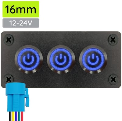 ProRide Metalen Pulsschakelaar 12-24V OFF-(ON) - Drievoudig Inbouwpaneel - 16mm - IP67 - LED indicatie Blauw