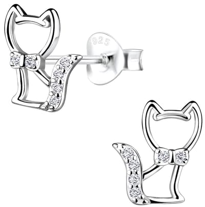 Joy|S - Zilveren kat poes oorbellen met strikje - 8 x 9 mm - zirkonia - gehodineerd