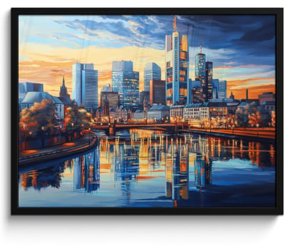 Poster in lijst - Fotolijst 70x50 cm - Posters - Zonsondergang Frankfurt - Stad - Skyline - Water - Posterlijst zwart - Decoratie - Wanddecoratie woonkamer - Muurdecoratie slaapkamer