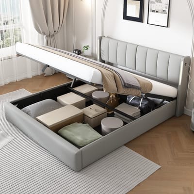 DESMIU Gestoffeerd Bed 140x200 cm - Bed Met Usb-Oplaadpoort En Led-Verlichting - Verstelbaar Hoofdeinde En Opbergruimte Onder Het Bed - Voor Slaapkamer - Pu - Grijs Zonder Matras