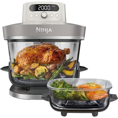 Ninja CRISPi PRO XL Glazen Airfryer met 7 kookfuncties - Airfryen, Bakken, Braden, Rijzen, Drogen. Max Crisp en Opnieuw krokant maken - 2.3 liter en 5.7 liter glazen schaal - PFAS vrij koken - Stone - AS101EULG