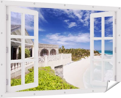 Gards Tuinposter Doorkijk Het Strandhuis - 180x120 cm - Tuindoek - Tuindecoratie - Wanddecoratie buiten - Tuinschilderij