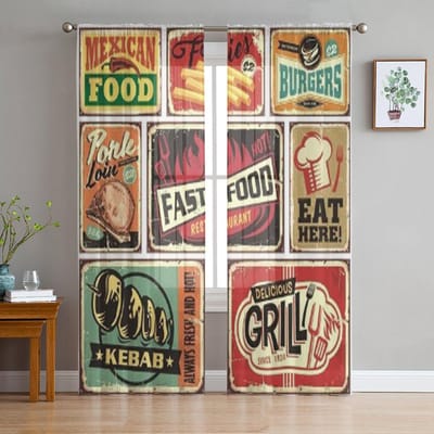 Retro Eetgelegenheid Restaurant Borden En Posters Tule Transparante Gordijnen voor Woonkamer Slaapkamer Keuken Decoratie Voile Organza Gordijnen 135W x 114H(cm) beige