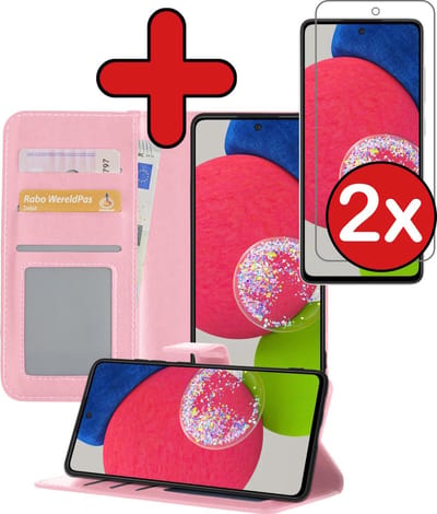 Hoesje - Met 2x Screenprotector - Geschikt voor Samsung Galaxy A52s 5G - Luxe Pasjeshouder - Flip Case - Bookcase Portemonee - Kunstleer Book Case - Flipcase Hoes - Book Cover - Walletcase - Portemonneehoes - Telefoonhoes - Lichtroze