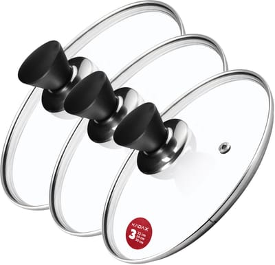 KADAX Pandekselset, universeel deksel van glas met handvat, hittebestendige dekselset in verschillende maten, pannendekselset, glazen deksel voor pot, pan (22 + 26 + 30 cm, mat zwart)