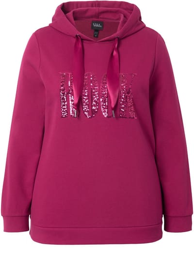 Ulla Popken - Dames - Hoodie tekst met pailletjes lange mouwen capuchon - Robijn - Maat 46+