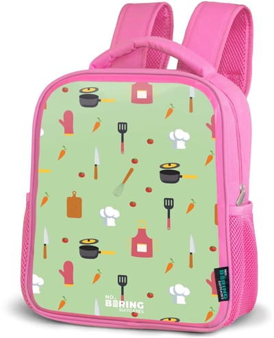 NoBoringSuitcases.com® - Rugzak roze - Schooltas meisjes - Keukenaccessoires en ingrediënten op lichtgroen - Kinder rugtas meisje - Boekentas kind - Kinderrugzak voor school - Schoolrugzak