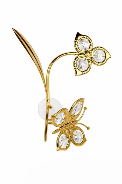Gouden Vlinder & Bloem Ornament – 24K Verguld met Kristallen – Met Zuignap