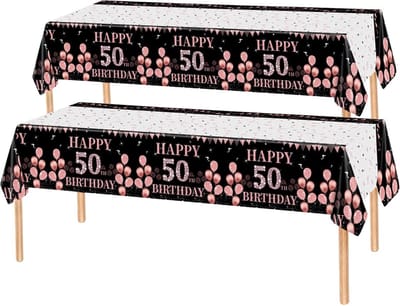 2x Tafelkleed Laken 50 Jaar Verjaardag Versiering Tafeldecoratie Feest Rose/Zwart Tafellaken Plastic Tafelzeil 274*137cm