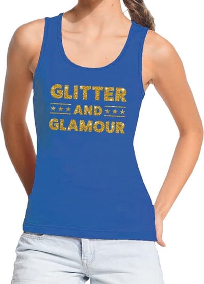 Glitter and Glamour gouden tekst tanktop / mouwloos shirt blauw dames - dames singlet Glitter and Glamour S