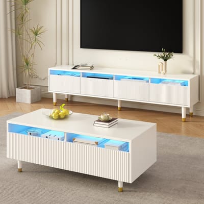 MODENUIT Woonkamerset - Tv-Meubel Met 4 Deuren En Salontafel Met 2 Laden - Voor Woonkamer - MDF Wit - 178x35x45 Cm