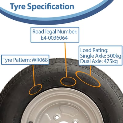 145R10 Aanhangwagenwiel, band 10 inch, 500 kg, 84/82N, 4 bouten, 4 inch PCD, E-keur (set van 4)
