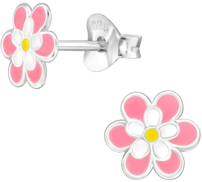 Joy|S - Zilveren bloem oorbellen - daisy roze met witte bloem - madeliefje - 7 mm - sterling zilver 925 - kinderoorbellen