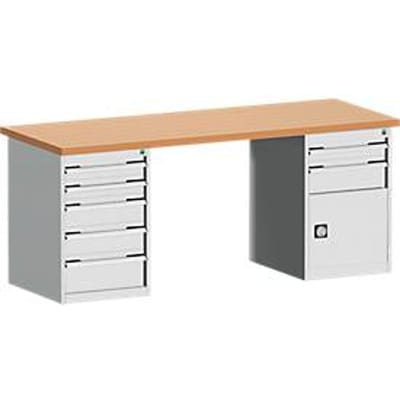 Bott Cubio werkbank, rood beuken werkblad 40 mm, stalen frame, B 2000 x D 750 x H 840 mm, tot 1200 kg, 7 laden, lichtgrijs RAL 7035