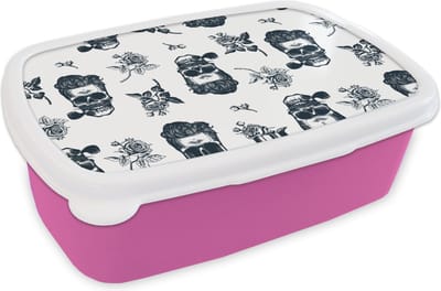 Broodtrommel Roze - Lunchbox - Brooddoos - Patronen - Schedel - Rozen - Piraten - Jongens - Kinderen - Kids - 18x12x6 cm - Kinderen - Meisje