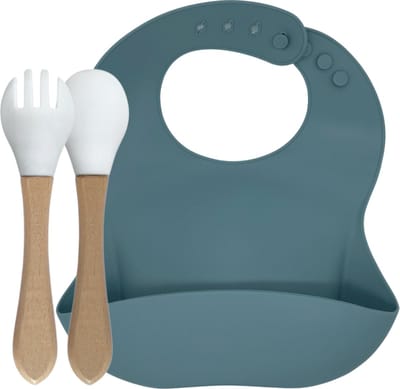 green-goose® Baby Slabbetje en Bestek | Petrol Blauw Grijs | Duurzaam Bamboe en Siliconen | Eco Kraamcadeau