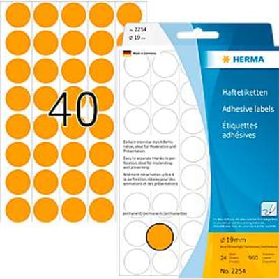 HERMA zelfklevende stippen 2254, Ø 19 mm, zelfklevend, permanent, met de hand beschrijfbaar, 960 stuks op 24 vellen, FSC®-papier, fluorescerend oranje